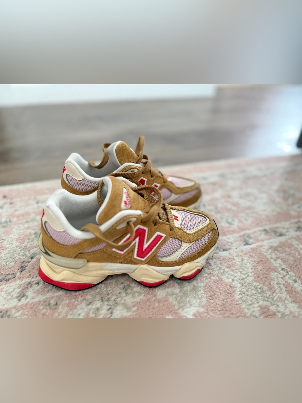 New Balance Kids 9060 Brown and Pink Suede Mesh Athletic Sneakers with Red Logo